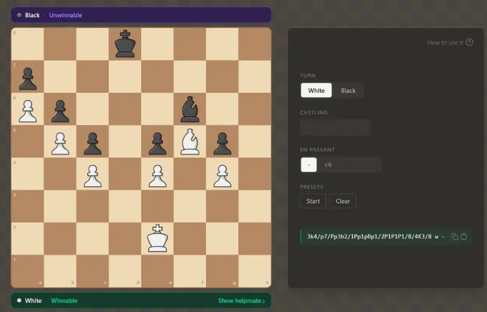 The CHA-Solver analyzer: a blocked position ruled unwinnable for Black and winnable for White, with a link to the helpmate