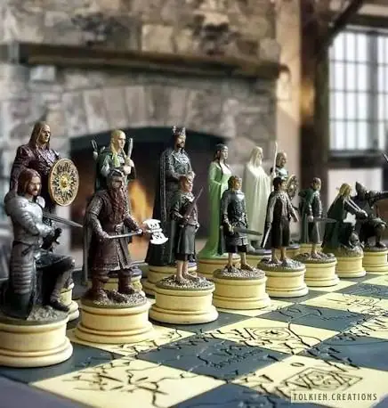 A physical chess set made on a Lord of the Rings concept; the pieces are character figures