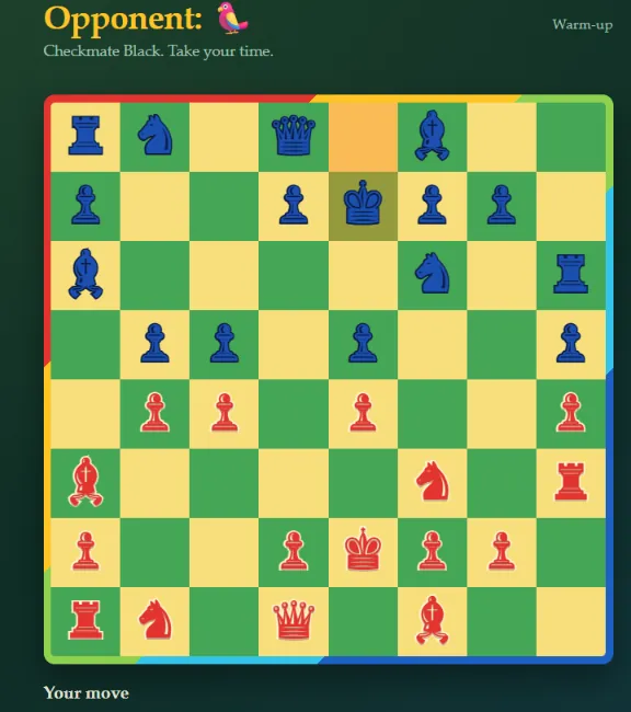 ParrotPuzzle warm-up: the starting position against the parrot, Checkmate Black, take your time